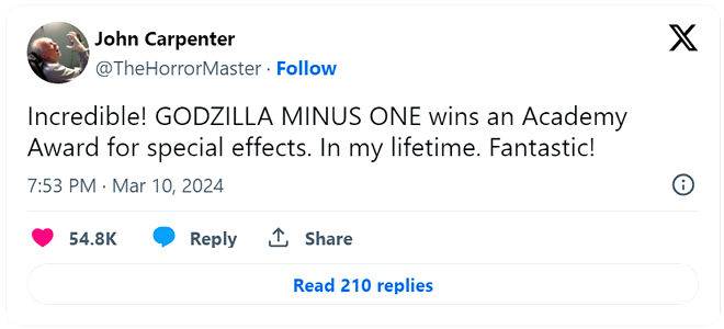 John Carpenter the Godzilla Oscar Twitter